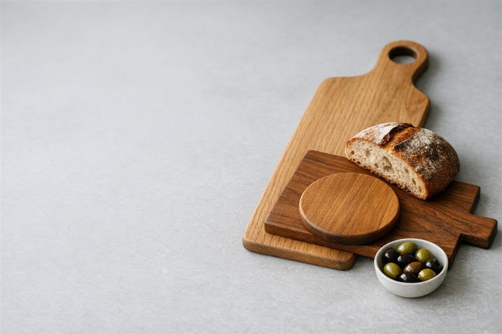 Tablas de madera para servir con pan y aceitunas sobre un mesón gris claro