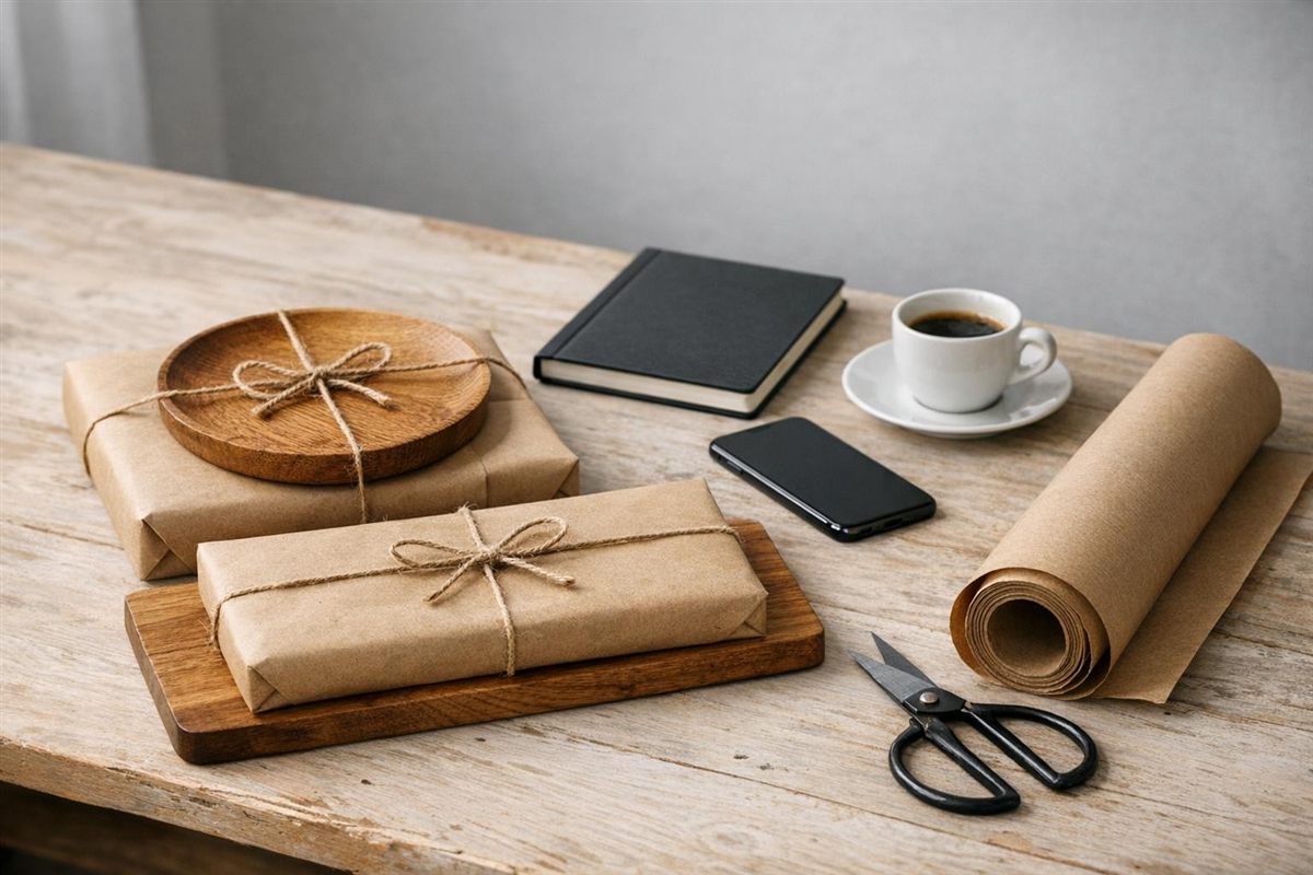 Mesa de atención del taller con piezas de madera envueltas en papel kraft y amarradas con cabuya, una libreta, un teléfono y una taza de café
