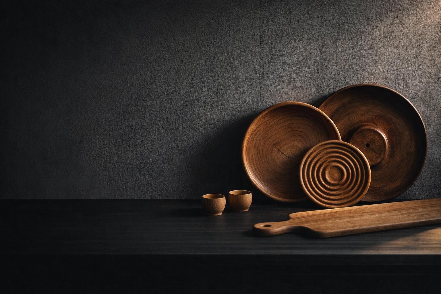 Platos de madera torneada y una tabla de roble sobre una mesa negra, con luz cálida de ventana