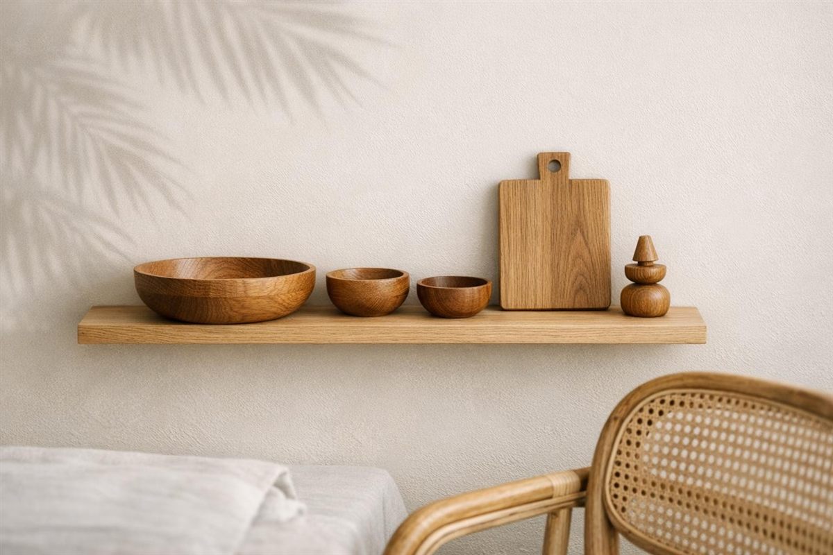 Estante de roble con cuencos, una tabla y un pequeño tótem torneados sobre una pared clara con la sombra de una palma