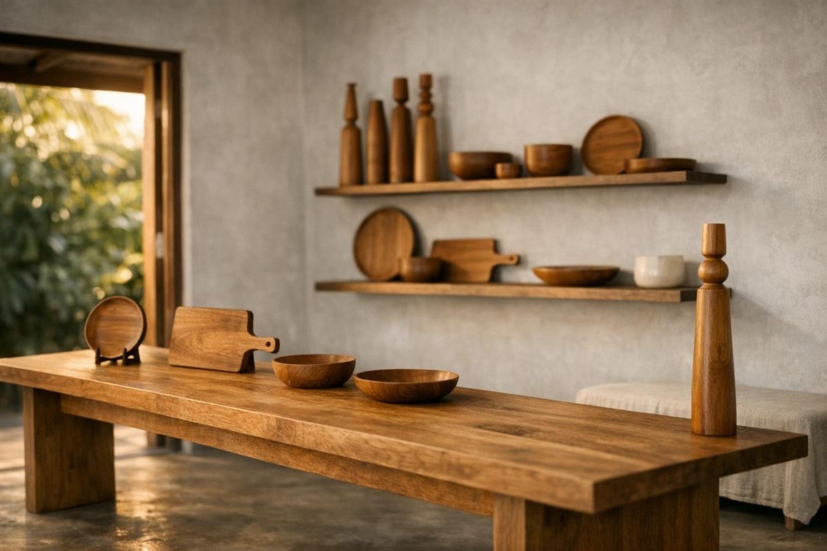 Sala de exhibición con una mesa larga de madera y estantes con platos, tablas y tótems torneados, junto a una puerta abierta con luz de la tarde