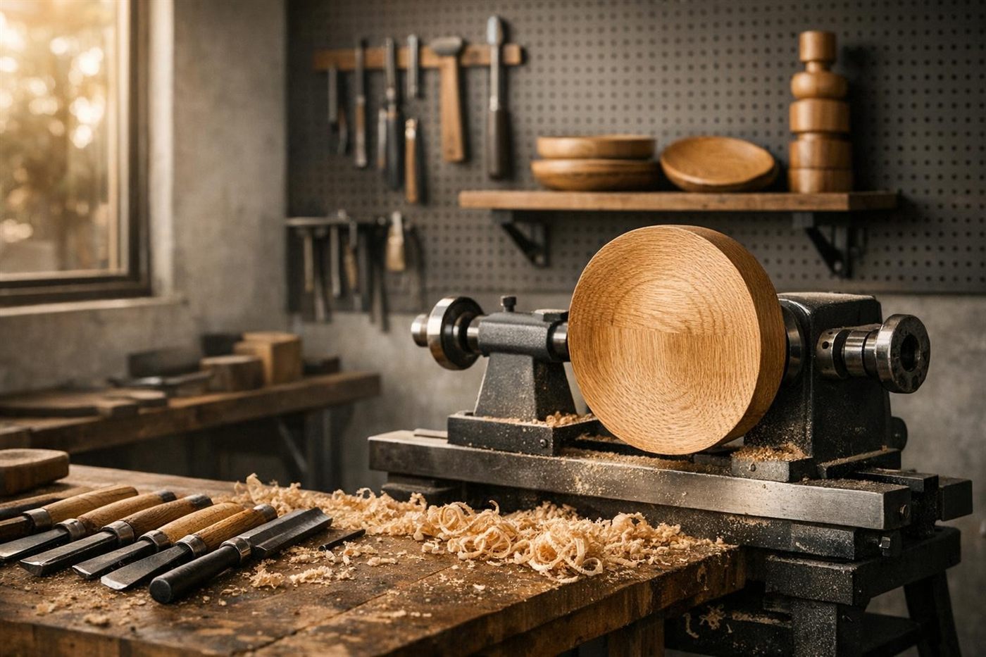 Torno de madera con un disco de roble a medio tornear, virutas sobre el banco y herramientas colgadas en el tablero del taller